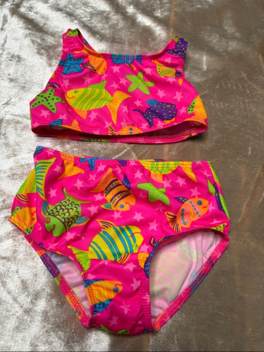 Girls Bright Pink Fish Print Two-Piece Swimsuit